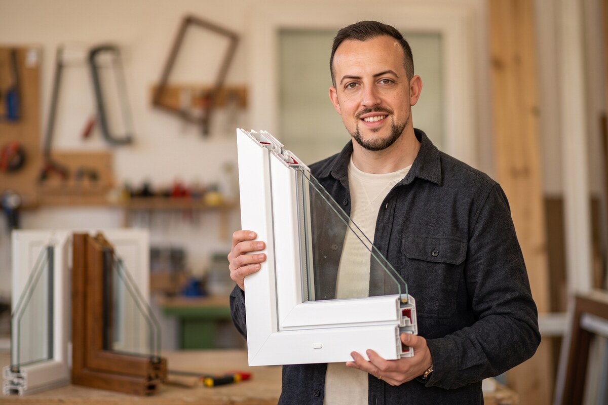 Fabio Veneri con infisso in mano — Arte del Ferro Veneri, quarta generazione